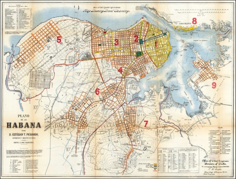 Mapa confeccionado por Pichardo alrededor de 1870 y utilizado por el Cuerpo de Ingenieros de los EE.UU en 1900 para trazar la recolección de basura.